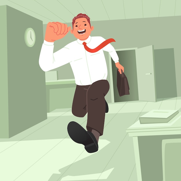 End of the working day. the man happily away from work. happy worker hurries home.  illustration in cartoon style.