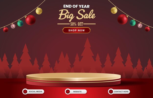 Vector end of year christmas big sale template banner with blank space 3d podium for product with abstract gradient red background design