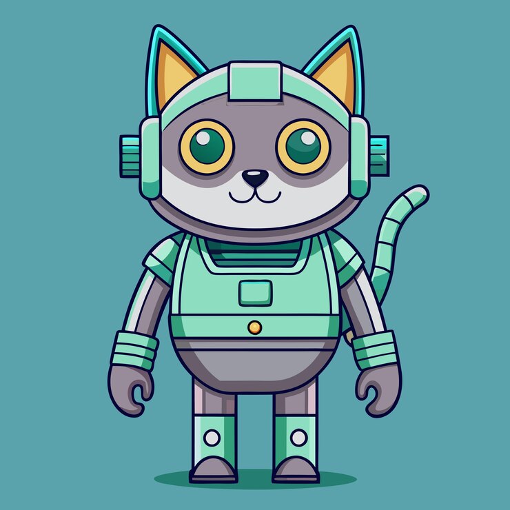 Vector endearing cat robot standing with a cute gesture cartoon vector illustration
