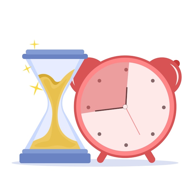 Vector ending time concept hourglass and alarm clock isolated on white background flat style