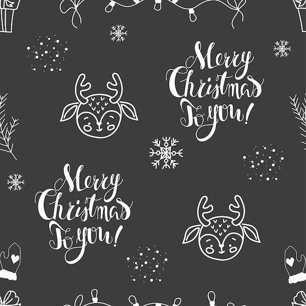 Endless Christmas-themed seamless pattern with lettering and Christmas characters. Vector illustration in a cute cozy cartoon style for print and digital use.