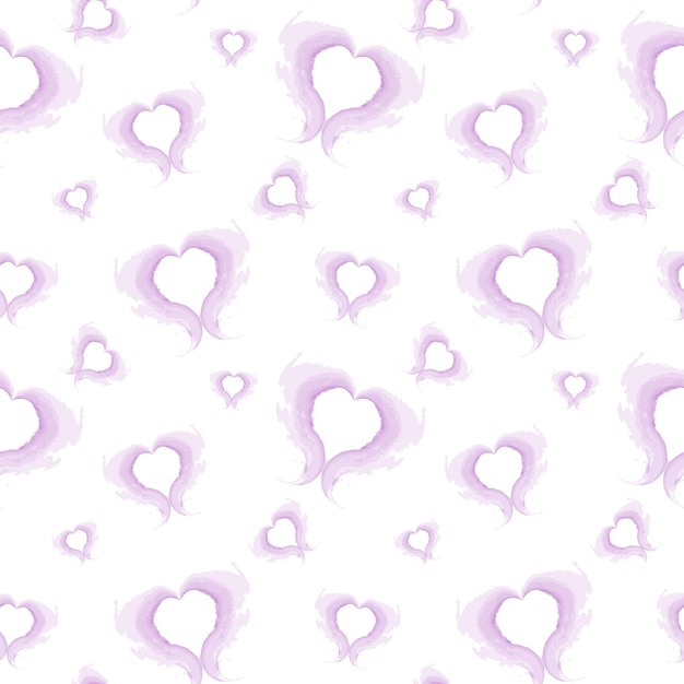 Endless pattern of abstract brush strokes in shape of hearts in delicate violet tint in watercolor