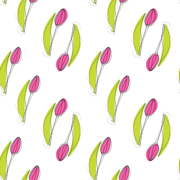 Vector endless pattern of outline drawing of a tulip flower in one line with color spot in trendy shades