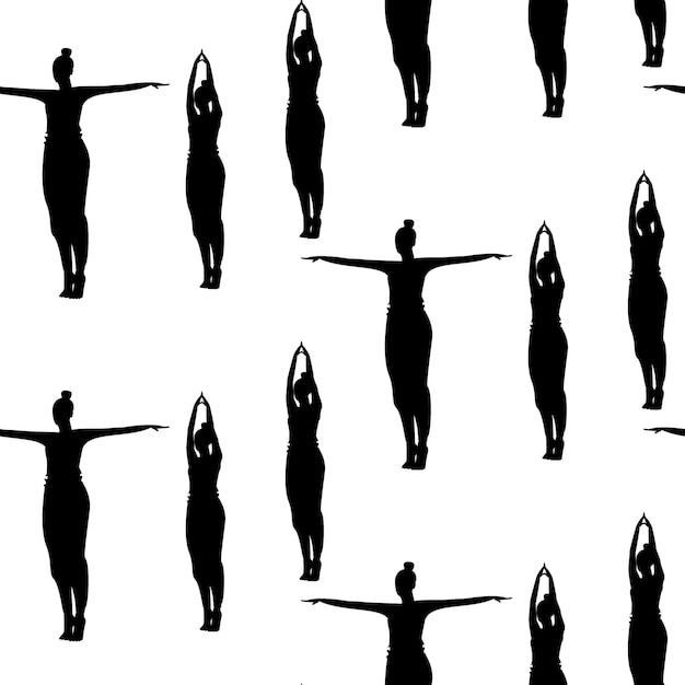 Endless pattern of silhouette woman doing yoga asana with arms raised up and in different directions