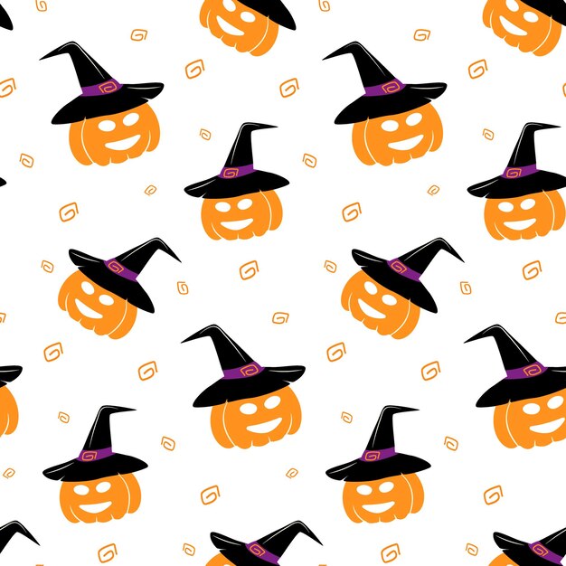 Бесконечный рисунок улыбающейся тыквы в шляпе ведьмы и абстрактный элемент в модных оттенках Хэллоуина