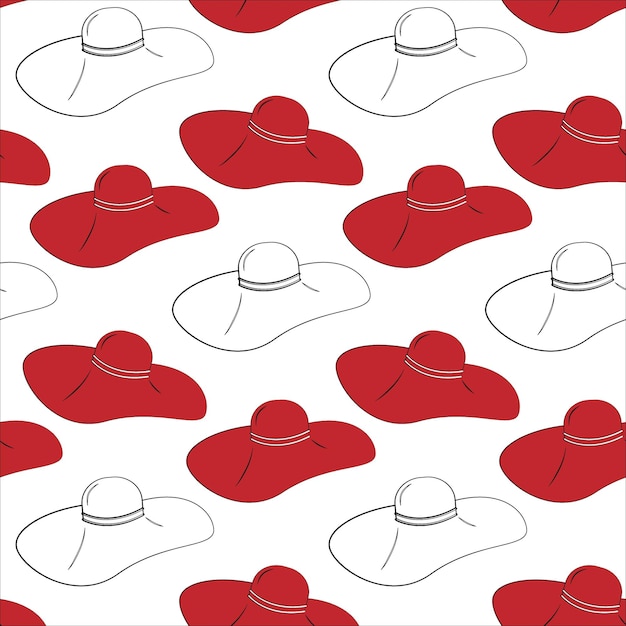 서로 다른 위치에 있는 빨간색과 흰색의 양식화된 여성 와이드 브림 모자의 끝없는 패턴