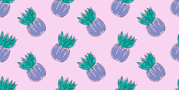 Endless pattern with cute purple hand drawn flower pots. Botany illustration Vector lineart Isolated