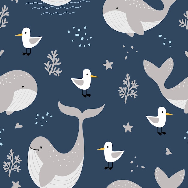 Endless pattern with cute whales and seagulls on a dark blue background Vector hand drawn characters for textiles packaging paper Endless vector background Seamless Repeat Pattern Cartoon doodle