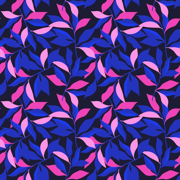 Endless print with neon leaves blue and pink foliage scattered across the background