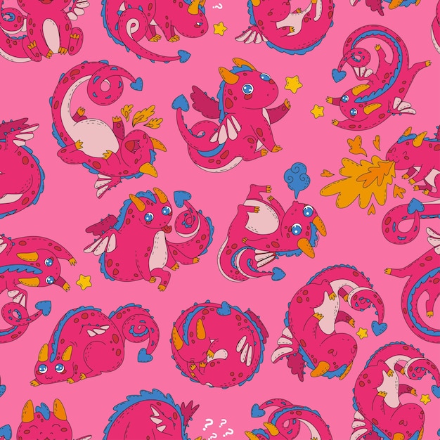 Endless seamless pattern featuring a cute dragon For children's textiles Little dragon in different poses Year of the dragon in the Chinese calendar Cartoon style Vector illustration