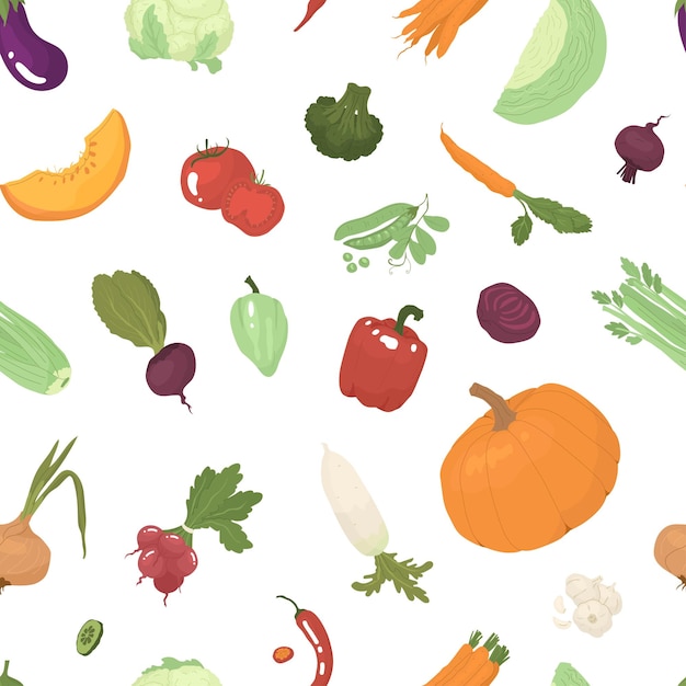 Endless seamless pattern with different types of vegetables decor for kitchen grocery store farm products vector illustration transparent background