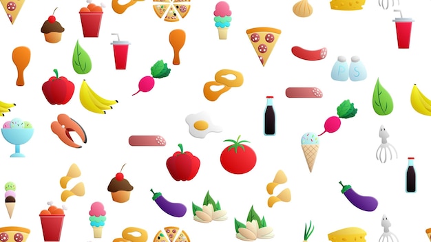 Endless white seamless pattern of delicious food and snack items icons set for restaurant bar cafe