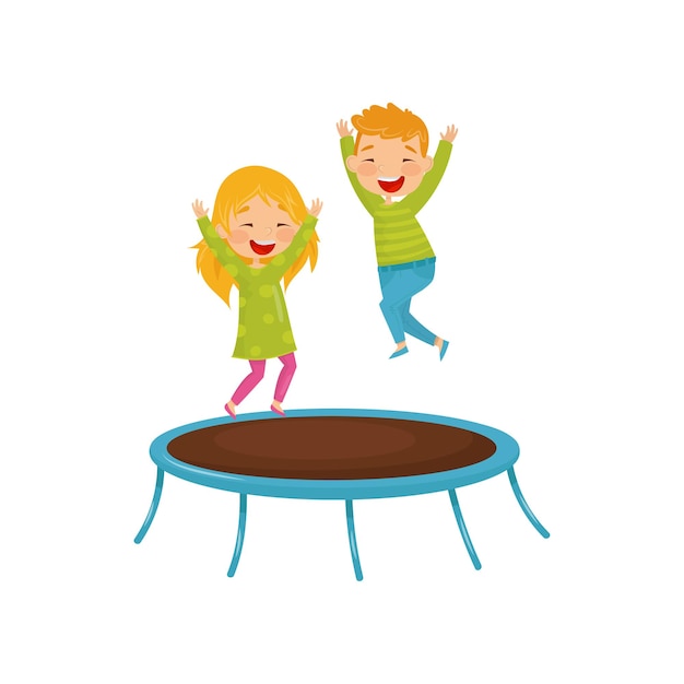 Energetic children jumping on trampoline Joyful brother and sister having fun together Flat vector design