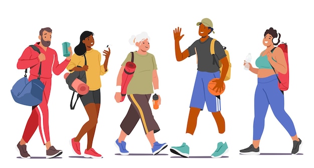 Energetic and healthy lifestyle concept with male and female characters walking to gym carrying workout gear and water