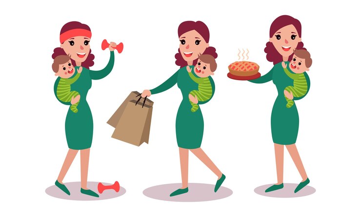 वेक्टर energetic housewife holding baby in arms doing physical exercise and carrying pie vector illustration set