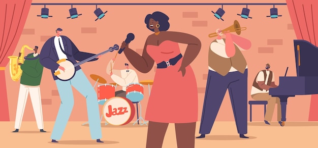 Energetic jazz band characters captivating the audience with their mesmerizing performance on stage vector illustration