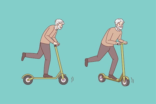 Energetic old grandfather riding on scooter