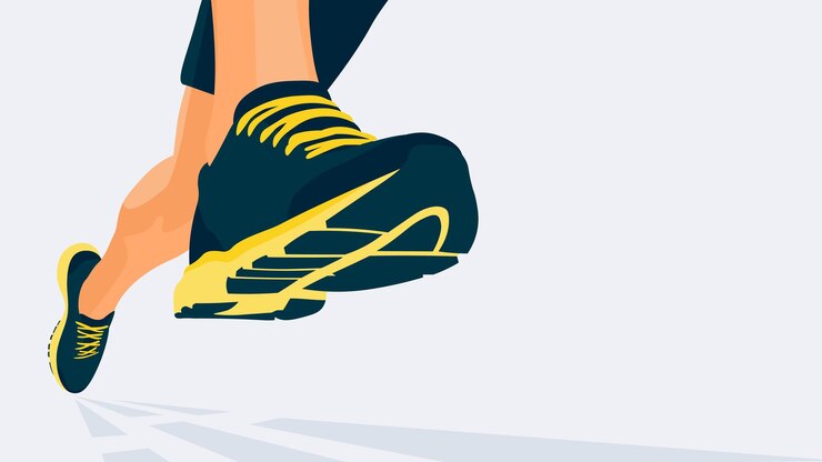Vector energetic running feet vector yellow and dark blue marathon sneakers vector