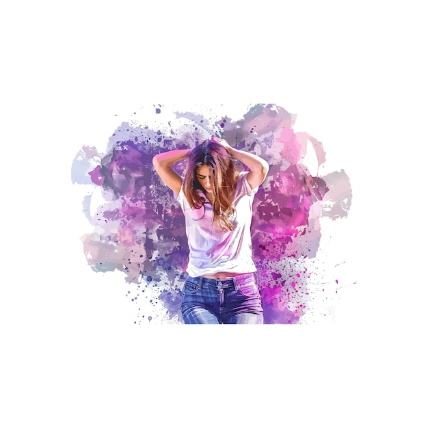 Vector energetic woman with abstract purple splash vector illustration design