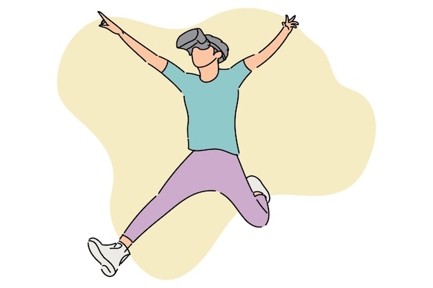 Energetic young man jumping and pointing finger on vr world flat design illustration