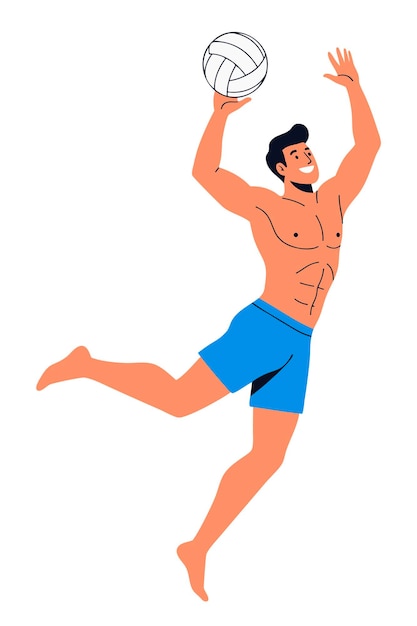 energetic young man jumping to serve a volleyball on a sunny beach day