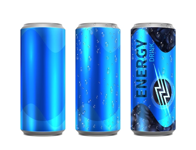 Energiedrank metalen blikje Realistische aluminium blikjes koude koffie Drankfles met waterdruppels vector mockup