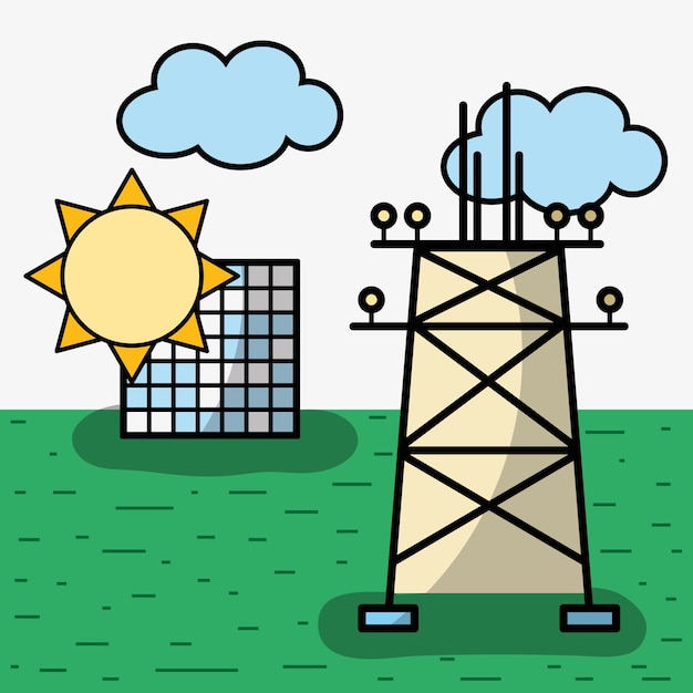 Energietoren en zonne-energie met wolken