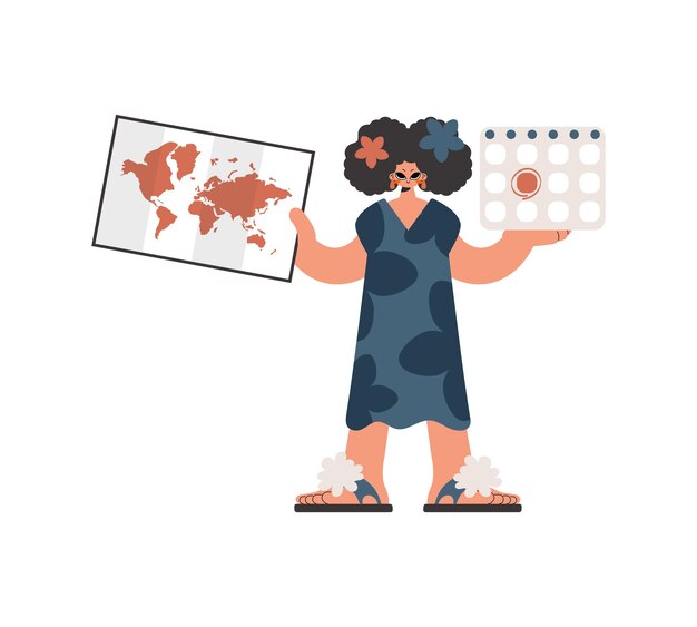Vector the energized lady holds a calendar and a organize of the world in his hands compelled on white foundation trendy style vector illustration