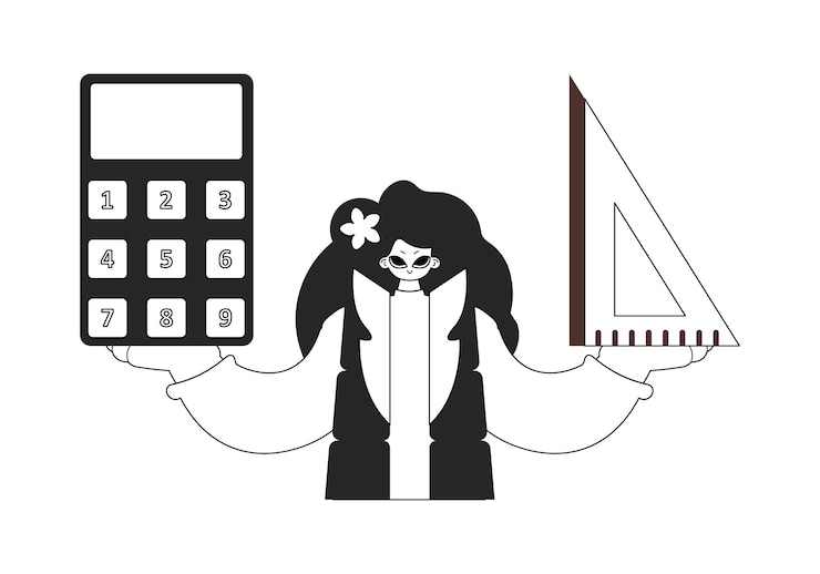 Vector 계산기와 줄을 가진 활기찬 여인 학습 지점 희미하고 색 선 공예 트렌디한 스타일 터 일러스트레이션