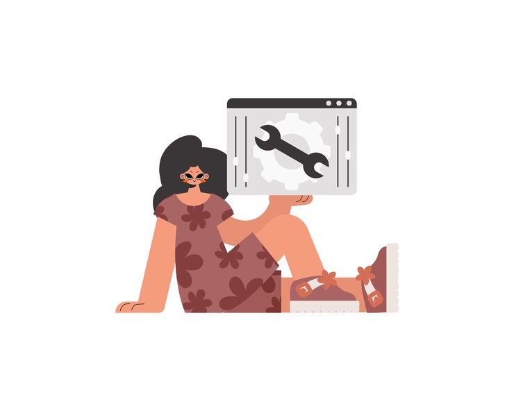 Vector the energized woman is holding a browser window with gears seo and web analyzing subject limited trendy style vector illustration