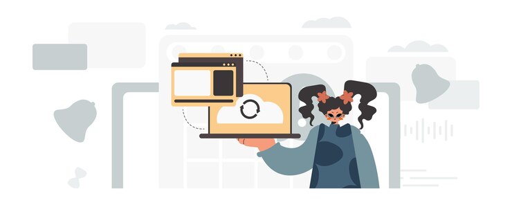 Vector the energized woman is holding a tablet which is synchronized with the data capacity trendy style vector illustration