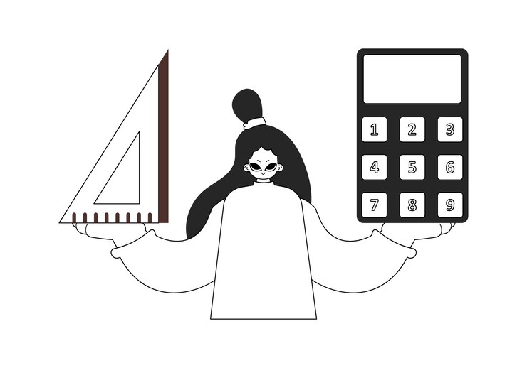 Vector 계산기와 지표를 가진 활기찬 여성 학습 지점 희미하고 색 선의 공예 트렌디한 스타일 터 일러스트레이션