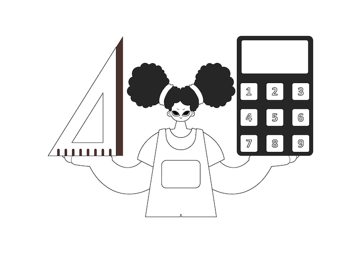 Vector energized woman with calculator and ruler learning point dim and white line craftsmanship trendy style vector illustration