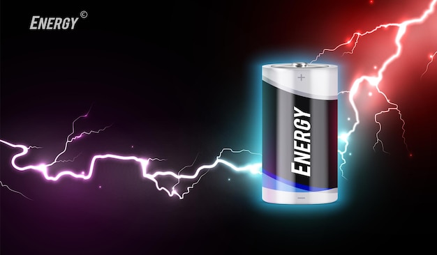 Vector energy colored realistic composition with electrical battery at flash of lightning background vector illustration