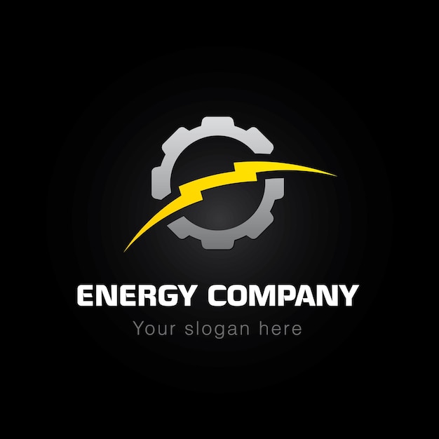 Логотип энергетической компании. Значок бренда электрической или механической промышленной компании. Молния и снаряжение.