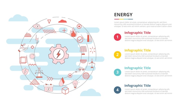 Concetto di energia per banner modello infografica con informazioni sull'elenco a quattro punti