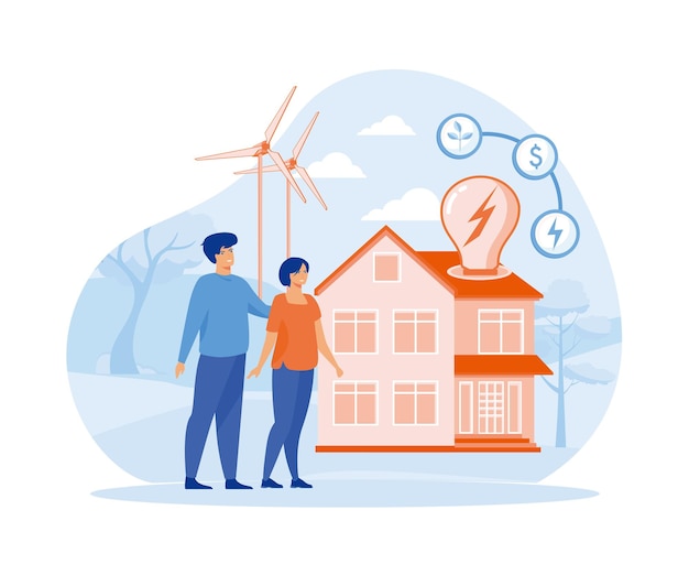 Energy consumption concept Man and woman reduce energy consumption at home flat vector modern illustration