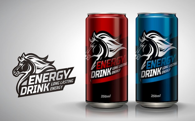 Energy drink , two metallic cans with horse logo design in 3d illustration