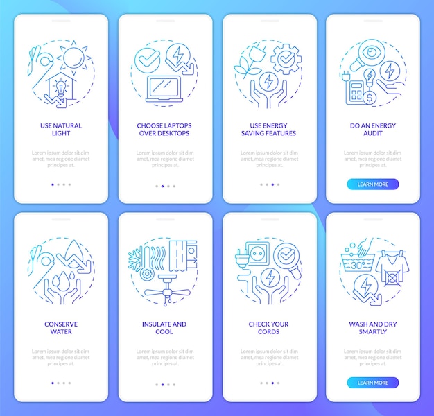 Energy efficiency blue gradient onboarding mobile app screen set