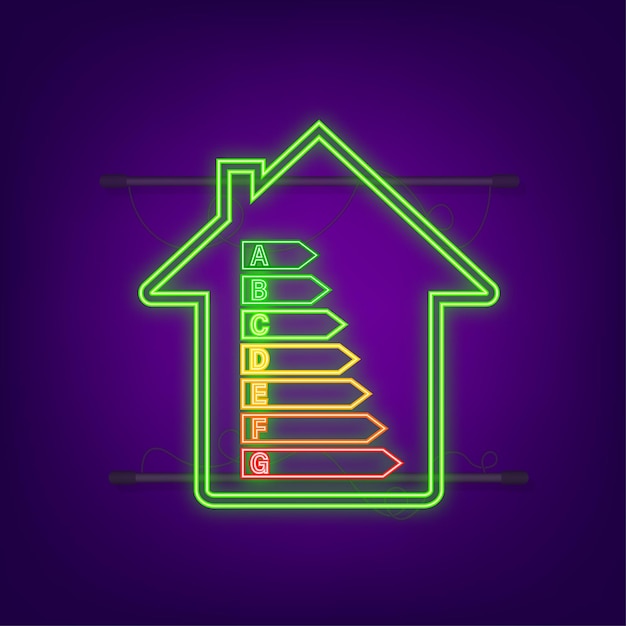 Energy efficiency chart and house concept. Home icon vector. Solar power. Green home. Neon icon. Vector stock illustration.