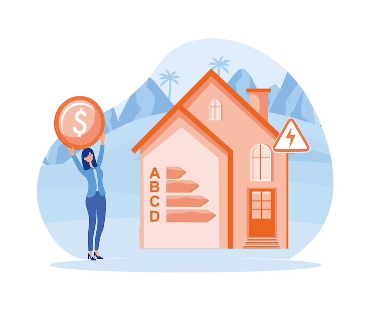 Vector energy efficiency in household and industry woman checks heating meter and calculates household utility bill flat vector modern illustration flat vector modern illustration