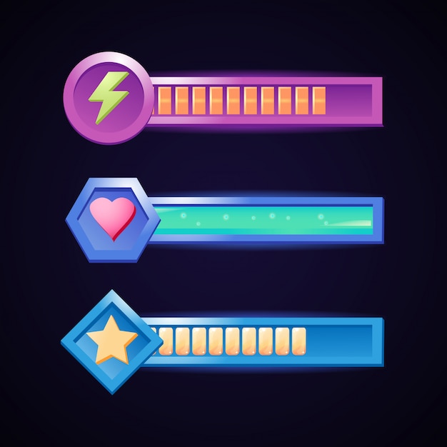 Energy, health, and star bar in various border for game ui elements