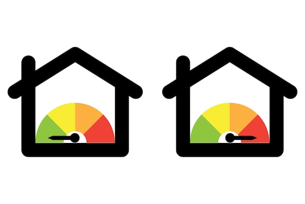 Vettore freccia della casa energetica. riscaldamento domestico. scala di efficienza domestica. illustrazione vettoriale.