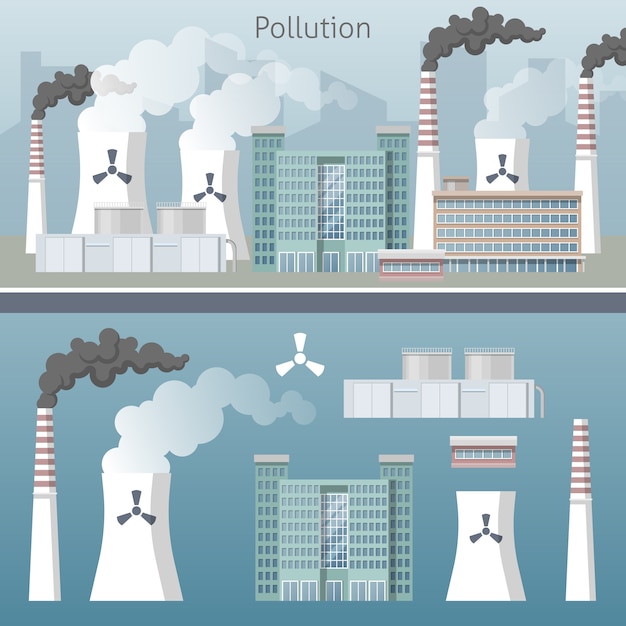 에너지 산업 대기 오염 도시 풍경. 삽화