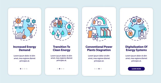 Energy industry trends onboarding mobile app page screen with concepts