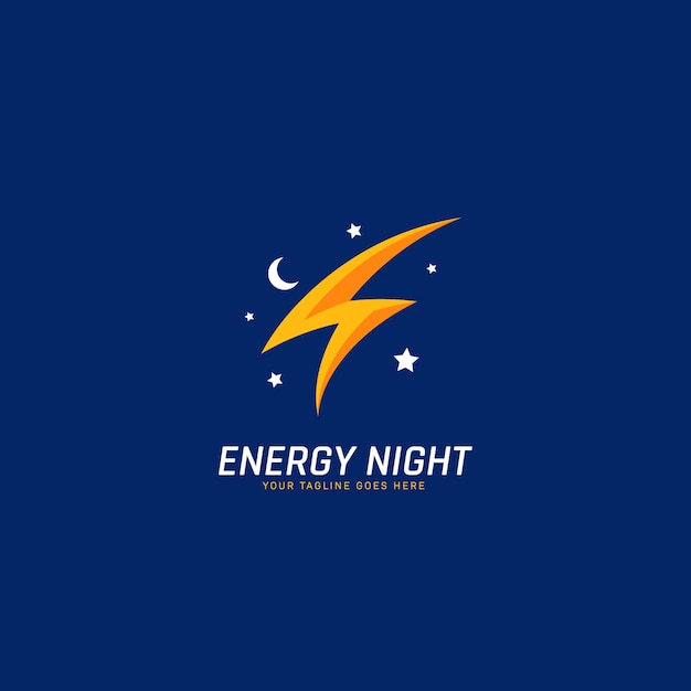 Logo dell'elettricità di potenza energetica con tuoni, luna e stelle simbolo dell'icona illustrazione del risparmio energetico notturno