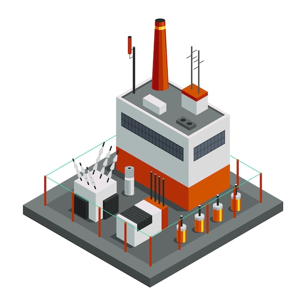 Isometrica della rete elettrica dell'energia elemento di distribuzione dell'energia con trasformatore elettrico e nuova centrale elettrica rete di trasmissione elettrica che fornisce energia