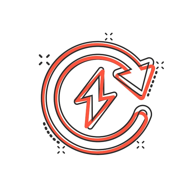 Energy recharge icon in comic style Voltage and arrow cartoon vector illustration on white isolated background Electric splash effect sign business concept