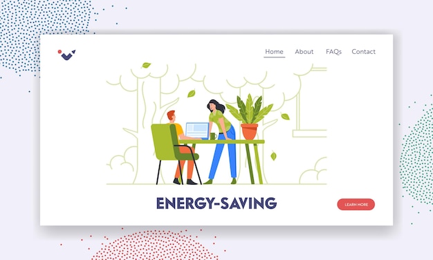 Energy Saving Landing Page Template Business Characters Working in Modern Green Office Eco Friendly Environment