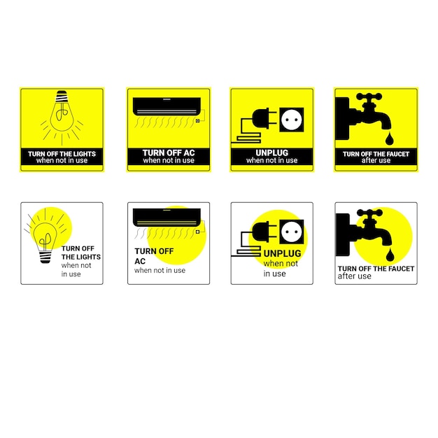 Energy Saving Sign Sticker, turn off the light and AC, save water in vector illustration